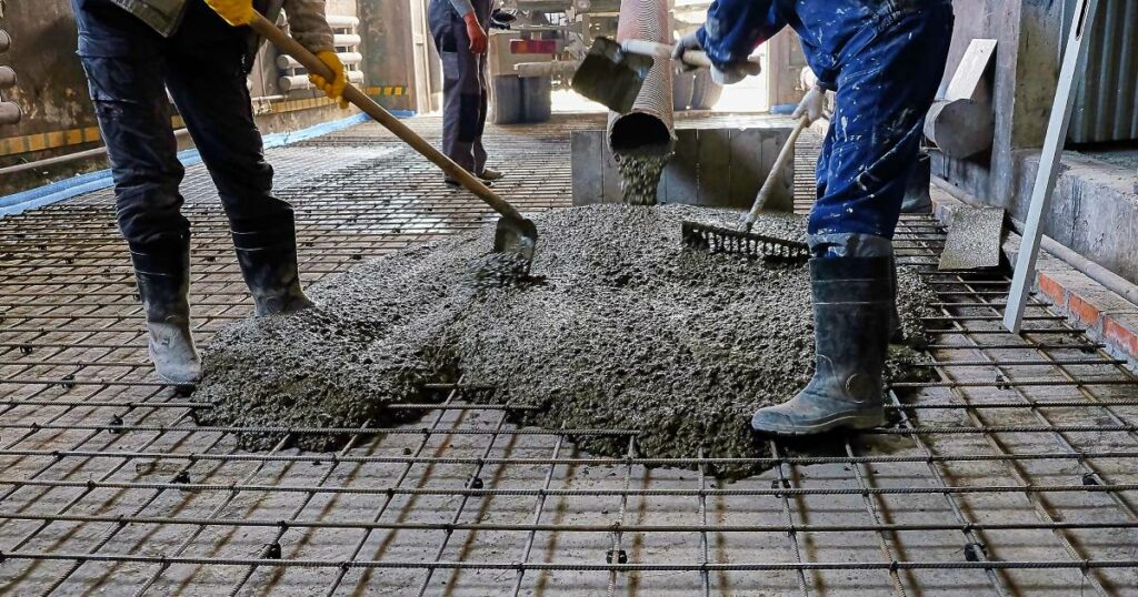 ouvriers faisant la disposition de béton sur le sol d'une maison