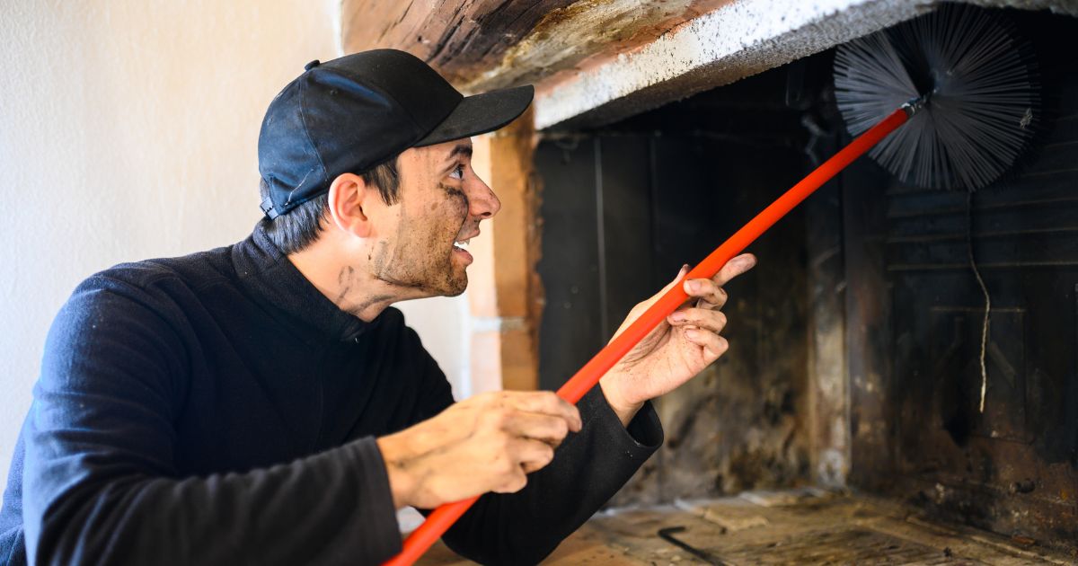 Homme ramonant une grande cheminée.